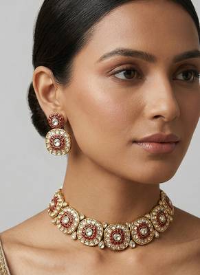 Gold finish pink stones kundan choker set 1