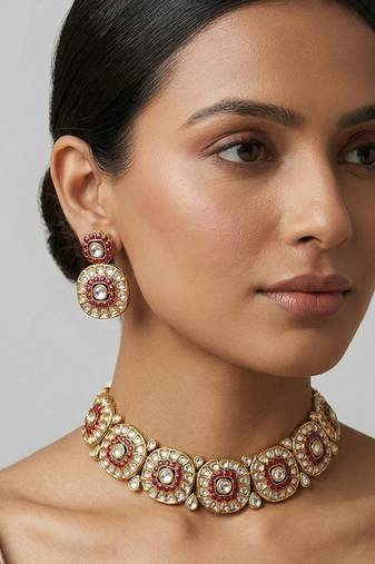 Gold finish pink stones kundan choker set