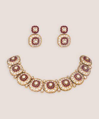 Gold finish pink stones kundan choker set 2