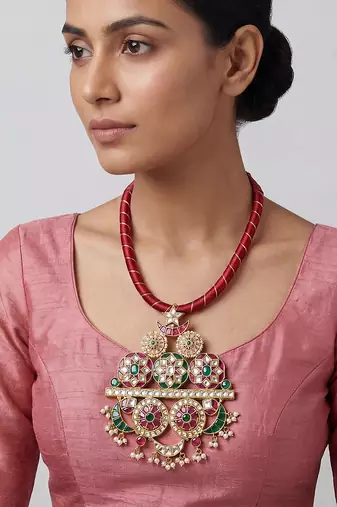 Gold finish multicolor kundan dori necklace