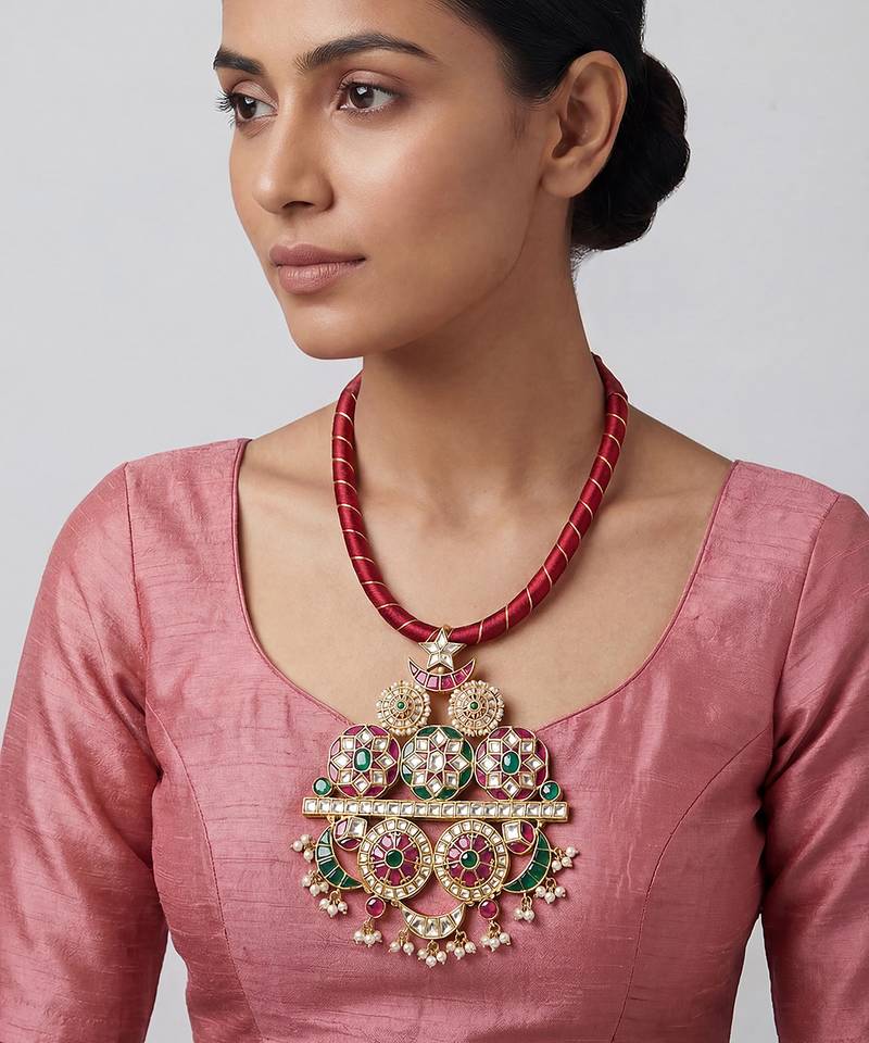 Gold finish multicolor kundan dori necklace