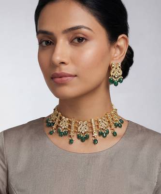 Gold plated kundan green stones choker set 1
