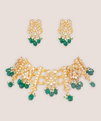 Gold plated kundan green stones choker set 2