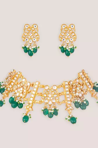 Gold plated kundan green stones choker set