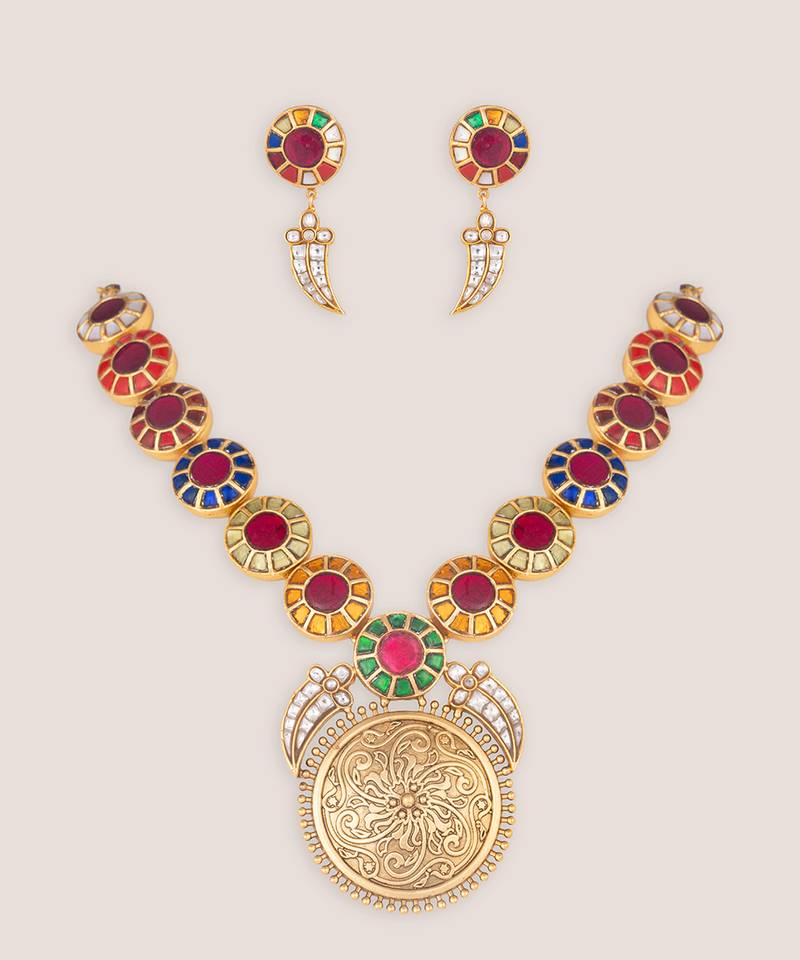 Multicolor stones kundan long necklace set