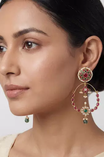Multicolor kundan polki chandbali earrings