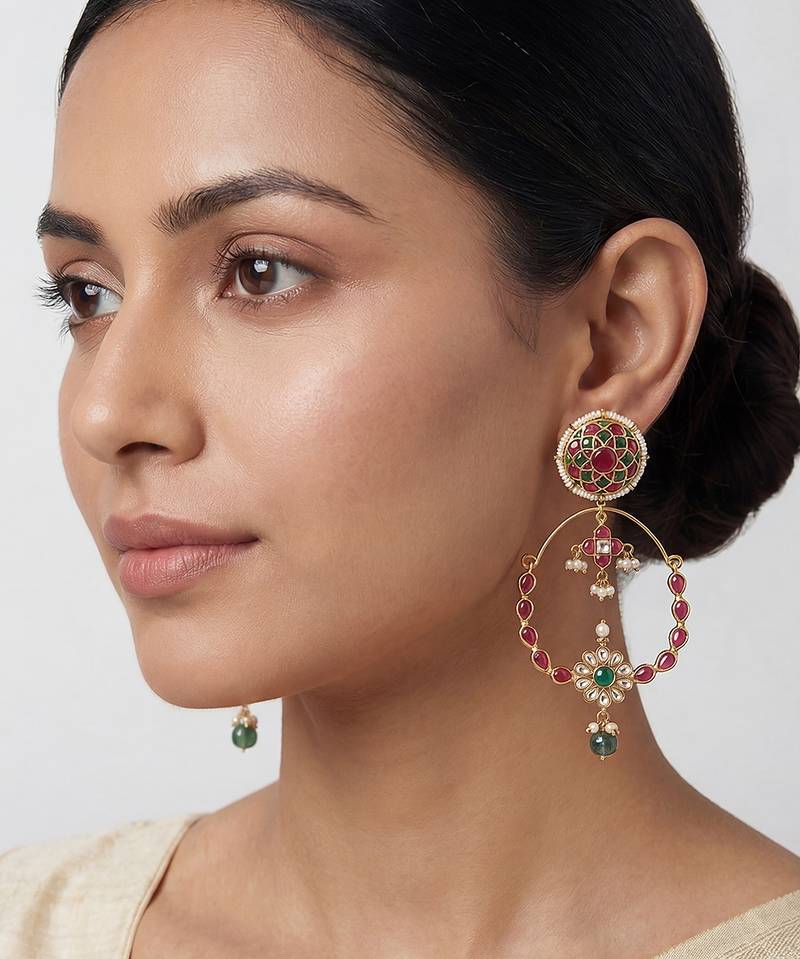 Multicolor kundan polki chandbali earrings