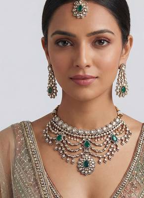 Dual tone finish green stones polki bridal necklace set 1
