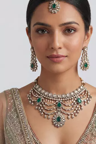 Dual tone finish green stones polki bridal necklace set