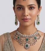 Dual tone finish green stones polki bridal necklace set