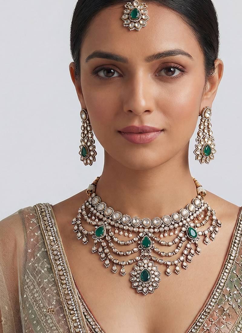 Dual tone finish green stones polki bridal necklace set