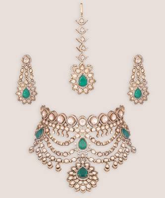 Dual tone finish green stones polki bridal necklace set 2