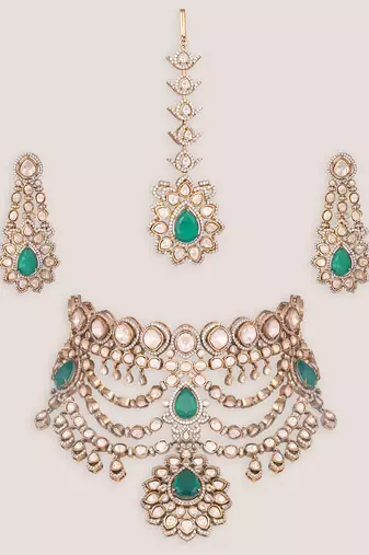 Dual tone finish green stones polki bridal necklace set