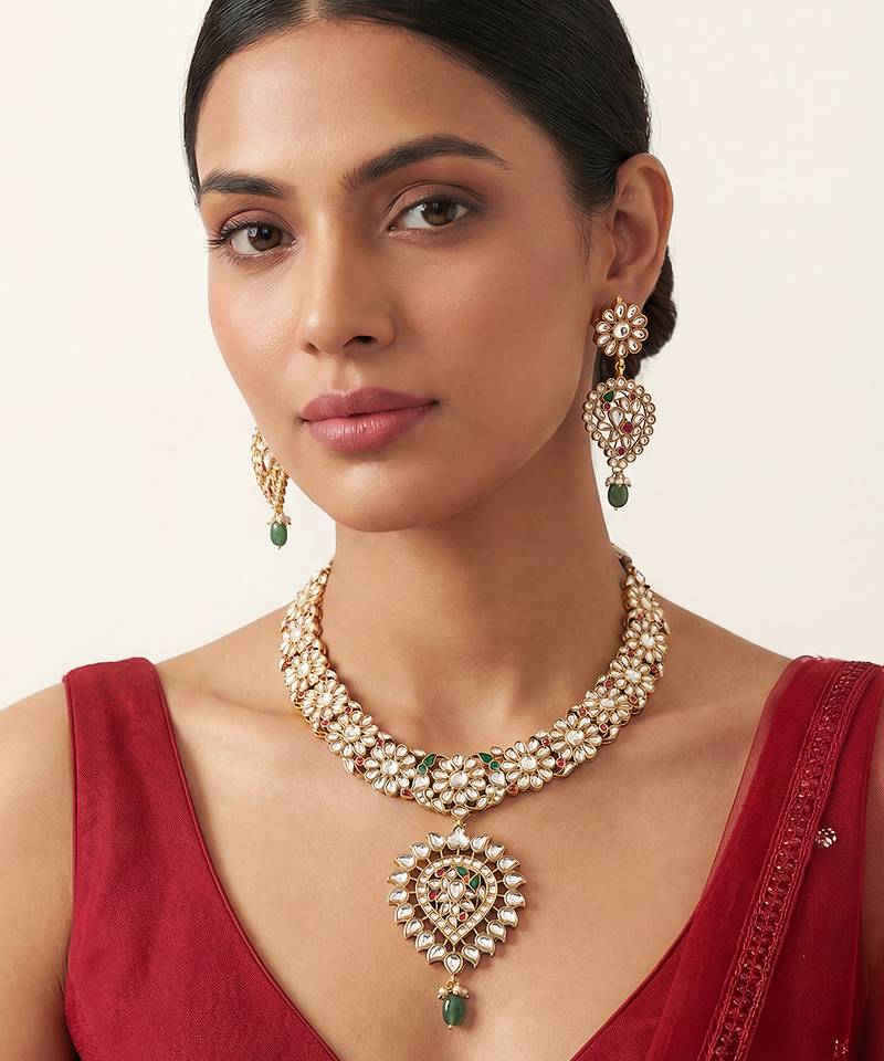 Multicolor stones gold finish kundan necklace set