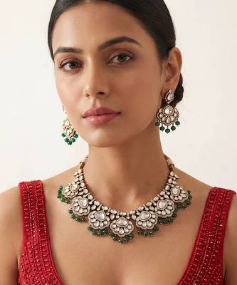 Green two toned finish polki necklace set 1