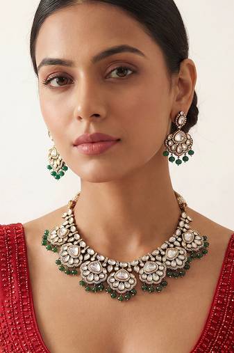 Green two toned finish polki necklace set