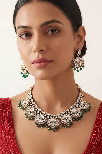 Green two toned finish polki necklace set