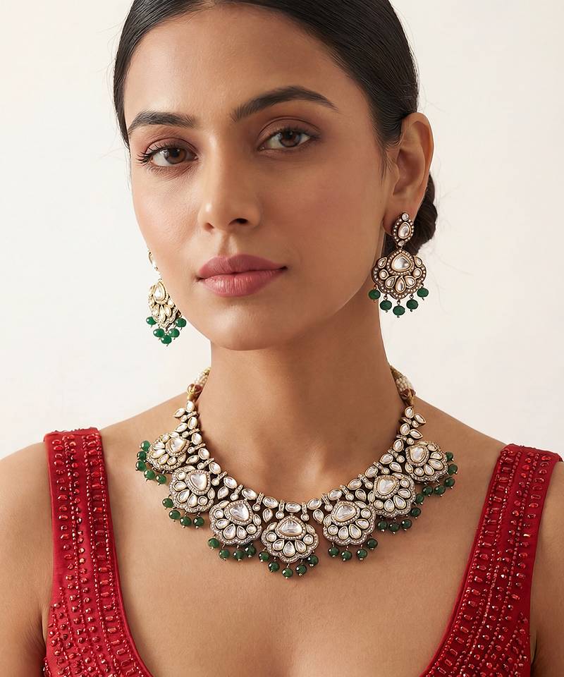 Green two toned finish polki necklace set