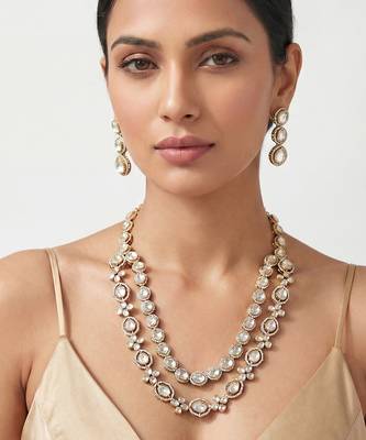 Two tone finish polki long necklace set 1