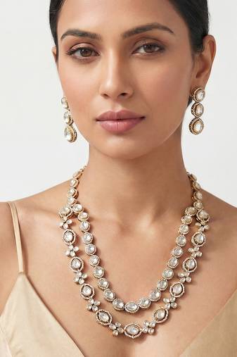 Two tone finish polki long necklace set