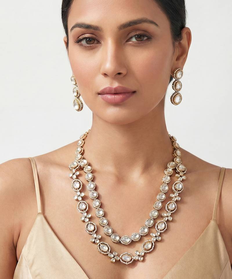 Two tone finish polki long necklace set