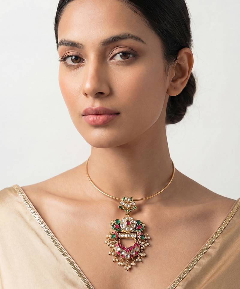 Gold plated sleek collar necklace with multicolor kundan pendant