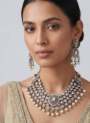 Rhodium finish polki white stones necklace set 1