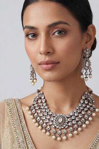 Rhodium finish polki white stones necklace set