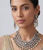 Rhodium finish polki white stones necklace set