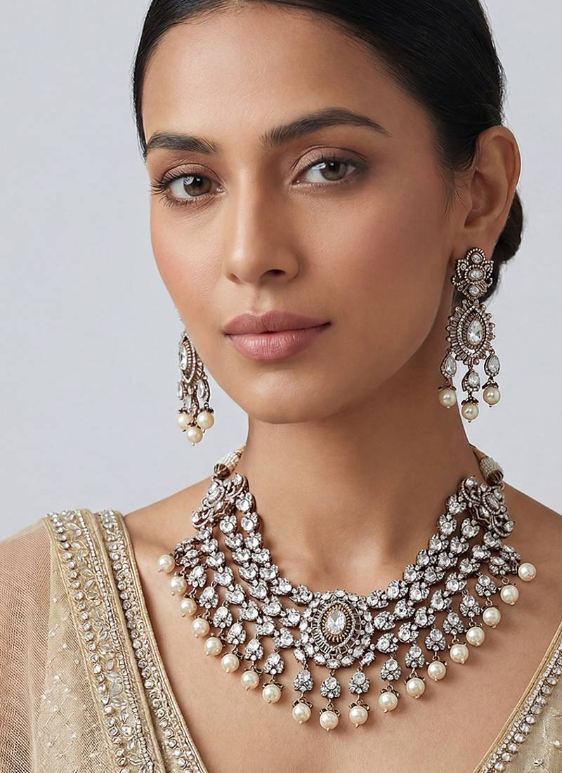 Rhodium finish polki white stones necklace set