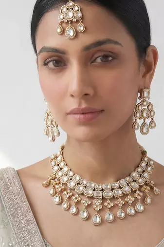 Gold two tone finish polki necklace set