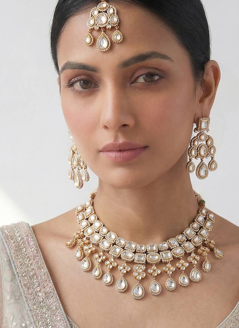 Gold two tone finish polki necklace set