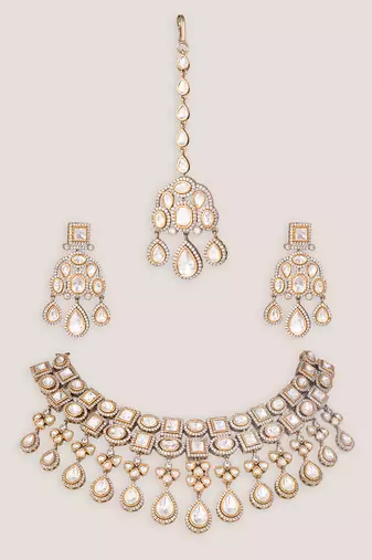 Gold two tone finish polki necklace set