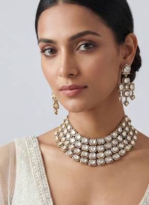 White stones polki two tone finish necklace set 1