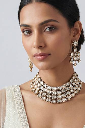 White stones polki two tone finish necklace set