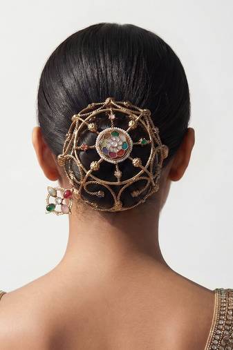 Multicolor floral kundan hair bun cage with pin
