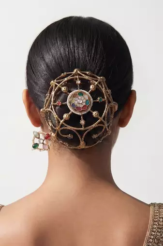 Multicolor floral kundan hair bun cage with pin