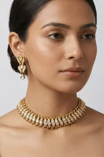 Gold plated kundan white stones necklace set