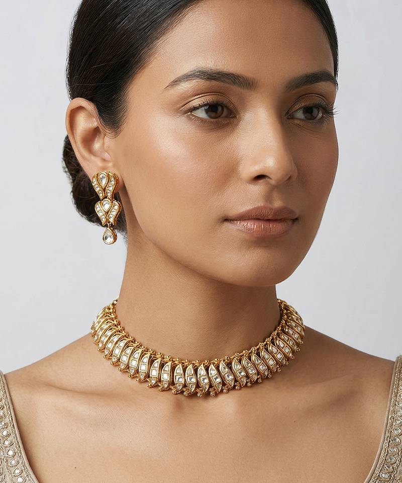 Gold plated kundan white stones necklace set