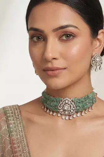 Two tone finish green stones polki choker set