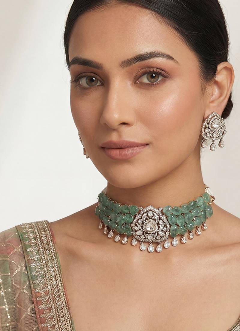 Two tone finish green stones polki choker set