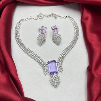 Lavender amethyst crystal necklace and earrings set, silver v-shape bridal choker, marquise cut cz statement jewelry 1