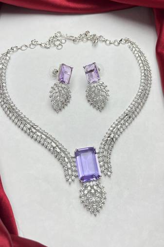 Lavender amethyst crystal necklace and earrings set, silver v-shape bridal choker, marquise cut cz statement jewelry
