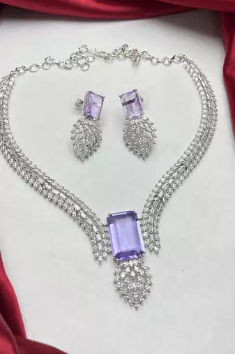 Lavender amethyst crystal necklace and earrings set, silver v-shape bridal choker, marquise cut cz statement jewelry