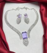Lavender amethyst crystal necklace and earrings set, silver v-shape bridal choker, marquise cut cz statement jewelry