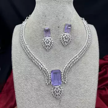 Lavender amethyst crystal necklace and earrings set, silver v-shape bridal choker, marquise cut cz statement jewelry 2