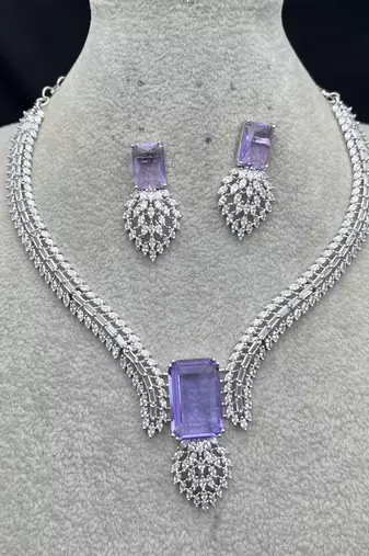 Lavender amethyst crystal necklace and earrings set, silver v-shape bridal choker, marquise cut cz statement jewelry