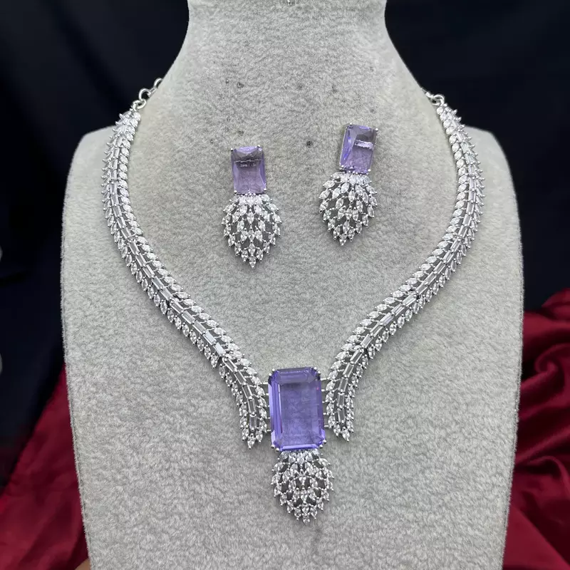 Lavender amethyst crystal necklace and earrings set, silver v-shape bridal choker, marquise cut cz statement jewelry