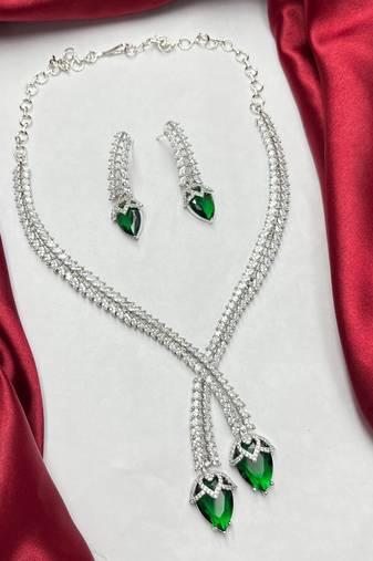 Emerald Green CZ Silver Bridal Necklace Set