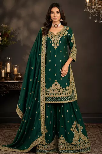 Green chinon silk sharara suit with embroidered dupatta